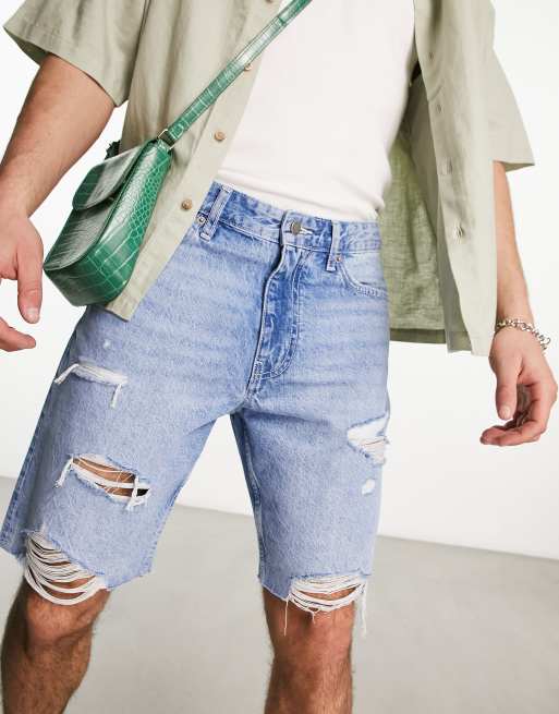 Pull&Bear - Rechte denim short in medium blauw 