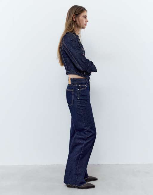 Pull&Bear - Rechte jeans met wijde pijpen in inktblauw, 4 van 6