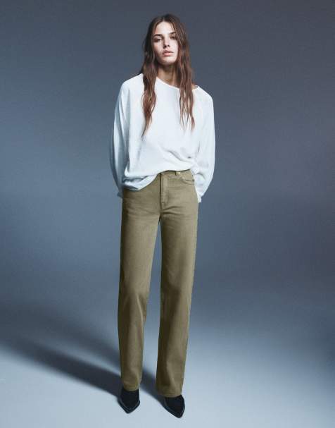 Pull&Bear rechte jeans met wijde pijpen in kaki - view 1