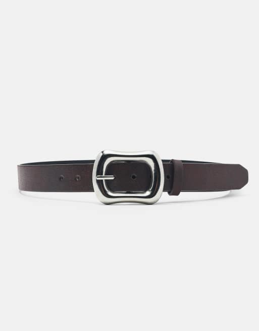 Pull&Bear Rectangular buckle belt in brown, 3 of 5