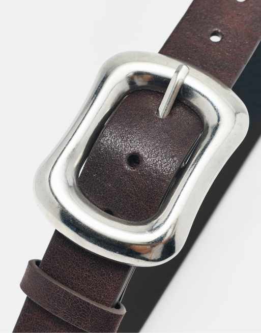 Pull&Bear Rectangular buckle belt in brown, 4 of 5