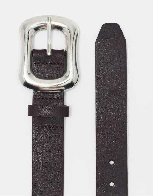 Pull&Bear Rectangular buckle belt in brown, 5 of 5