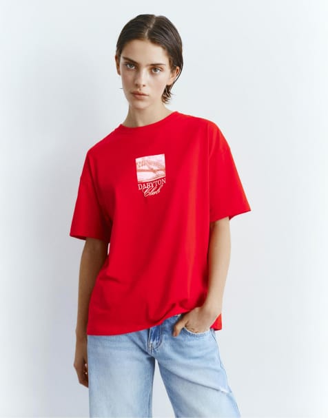 Pull&Bear Red t-shirt with graphic and slogan in red - view 1