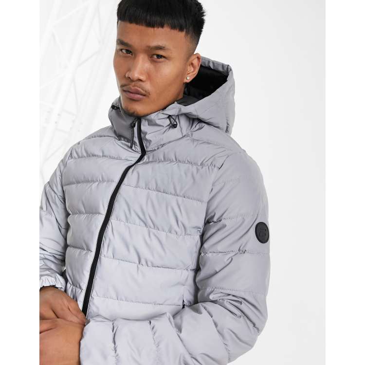 Bershka padded puffer jacket with hood in reflective gray