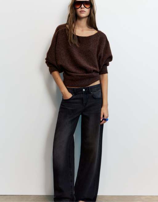 Pull&Bear Regular fit boat neck jumper in brown with wool, 5 of 7