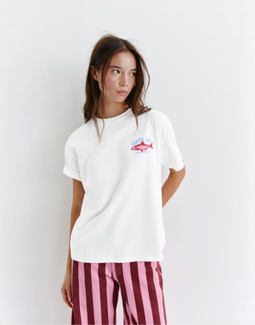 Pull&Bear – Regular-Fit-T-Shirt in Weiß mit Fisch-Grafik, 2 von 4