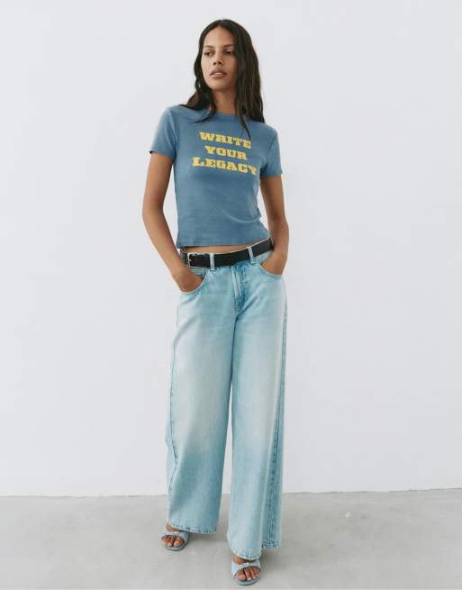 Pull&Bear regular fit t-shirt med krackelerat tryck i grå/blå, 4 av 7