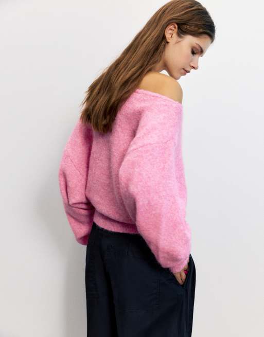 Pull&Bear regular fit-tröja med båtringning i rosa med ull, 2 av 7