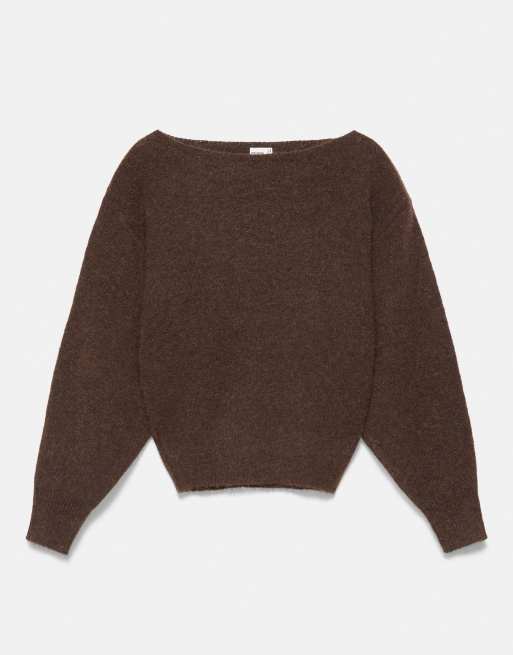 Pull&Bear - Regular-fit trui met boothals in bruin, 5 van 7