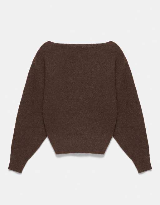 Pull&Bear - Regular-fit trui met boothals in bruin, 6 van 7