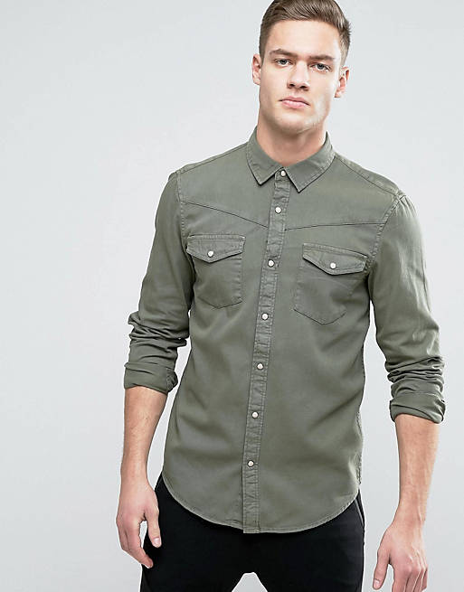 Pull&Bear Regular Fit Western Denim Shirt In Khaki | ASOS