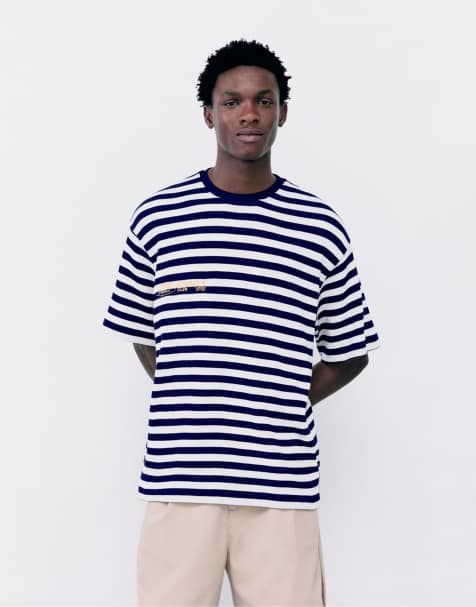 Pull&Bear regular randig t-shirt i blå/vit - view 1