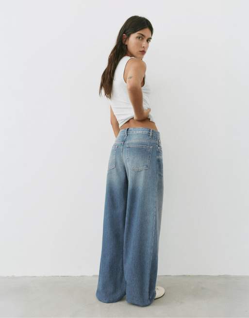 Pull&Bear relaxed baggy jeans met omslag in groenblauw, 2 van 7