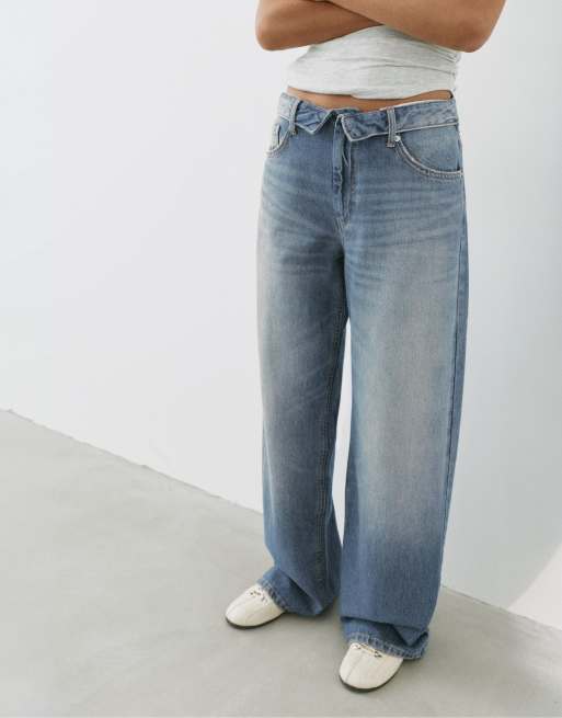 Pull&Bear relaxed baggy jeans met omslag in groenblauw, 4 van 7