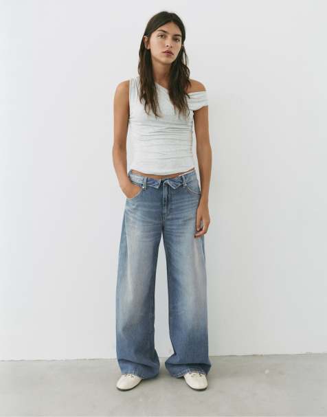Pull&Bear Relaxed baggy jeans with turn-up waist in greenish blue - view 1