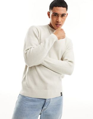 Pull & Bear relaxed fisherman ribbed jumper in beige exclusive at ASOS-Neutral