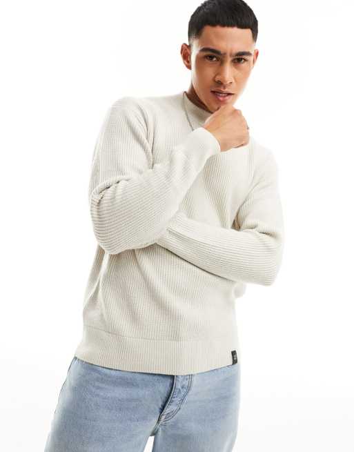 Pull&Bear relaxed fisherman ribbed jumper in beige exclusive at ASOS