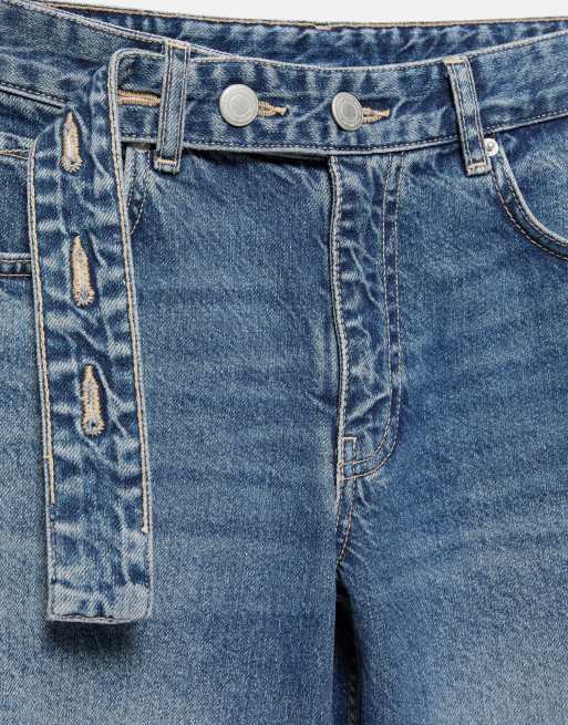 Pull&Bear relaxed-fit baggy jeans met riem in donkerblauw, 5 van 6
