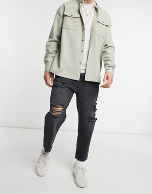 Pull&Bear relaxed fit jean in dark grey with rips - ASOS Price Checker