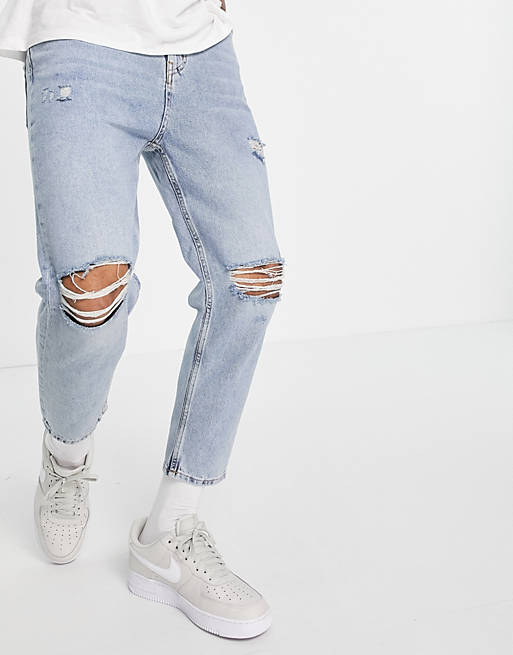 Pull&Bear Denim Relaxed Ripped Jeans in Blue for Men Save 8% Mens Clothing Jeans Relaxed and loose-fit jeans 