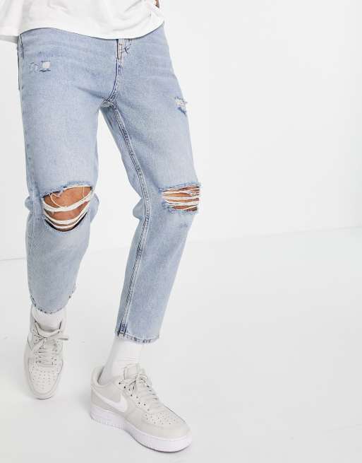 Pull&Bear relaxed fit jeans in blue with rips | ASOS