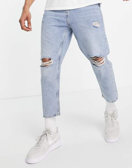 Pull&Bear relaxed fit jeans in blue with rips ASOS