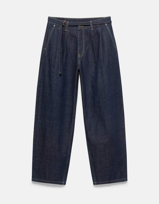 Pull&Bear Relaxed fit jeans with darts and belt in navy, 7 of 7