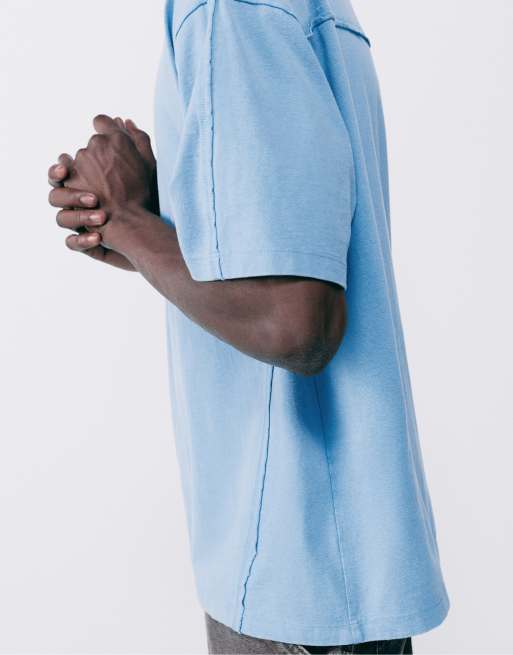 Pull&Bear Relaxed fit overlock t-shirt in medium blue, 3 of 7