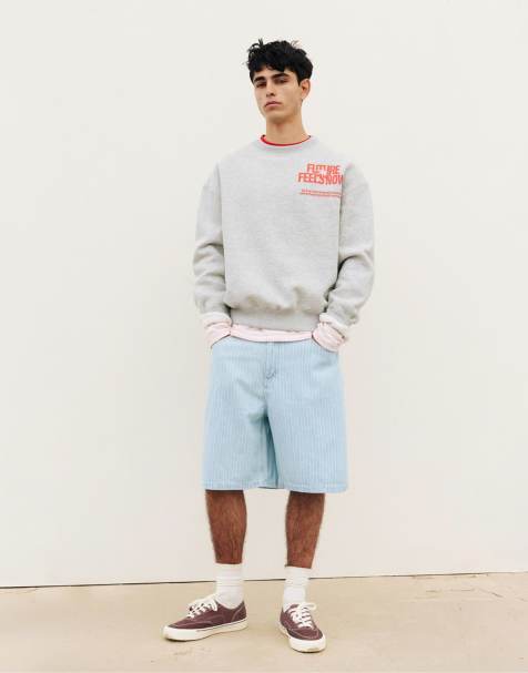 Pull&Bear Relaxed-fit striped denim bermuda shorts in pale indigo - view 1