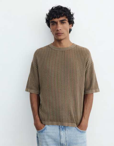 Pull&Bear – Relaxed-Fit-T-Shirt aus Strick in Maulwurfbraun - view 1