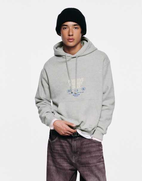 Pull&Bear Relaxed hooded graphic sweatshirt in grey marl - view 1
