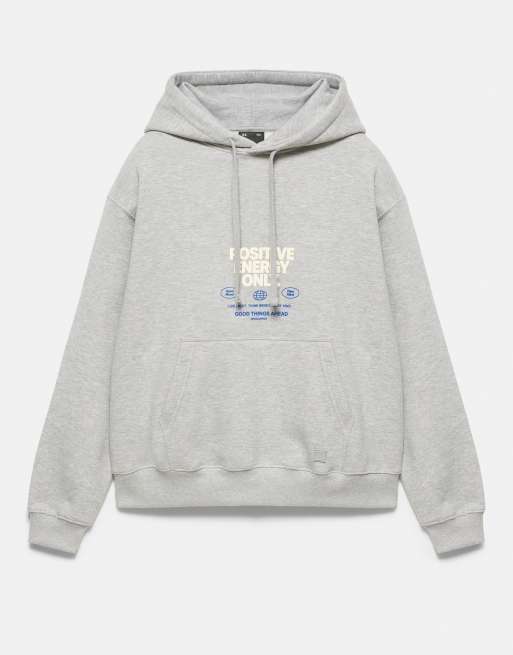 Pull&Bear Relaxed hooded graphic sweatshirt in grey marl, 6 of 7