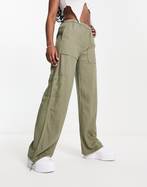 Pull&Bear relaxed linen pants in khaki