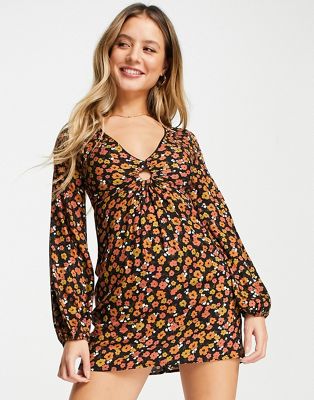 Pull&Bear retro floral long sleeve mini dress with ring detail
