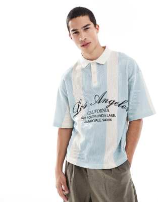 retro knit wide striped polo in blue