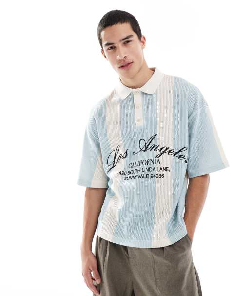 Pull&Bear retro knitted wide stripe polo in blue - view 1