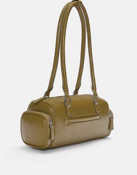 Pull&Bear – Retro-Schultertasche in Khaki mit Fächern - view 1