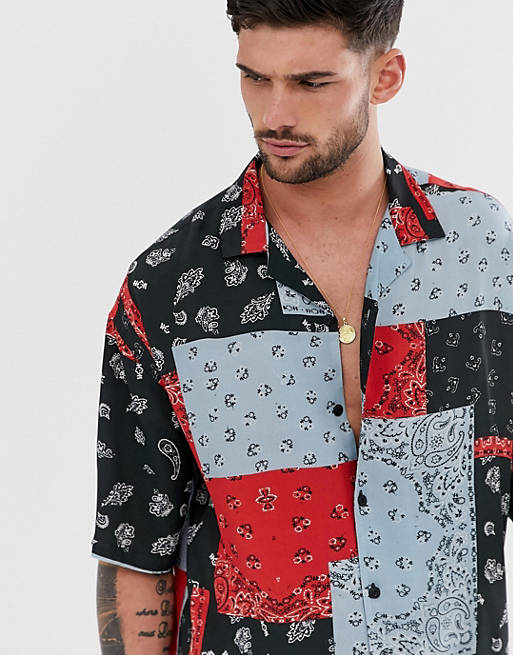 Pull&Bear revere collar shirt in patchwork paisley print | ASOS