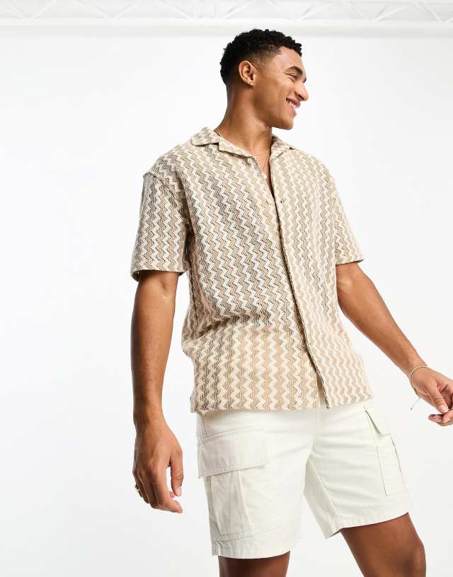 Pull&Bear revere collar textured stripe shirt in beige