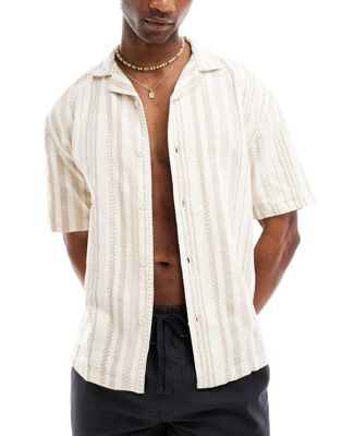 Pull&Bear revere neck stripe shirt in ecru
