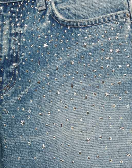 Pull&Bear Rhinestone barrel jeans in medium blue, 6 of 7