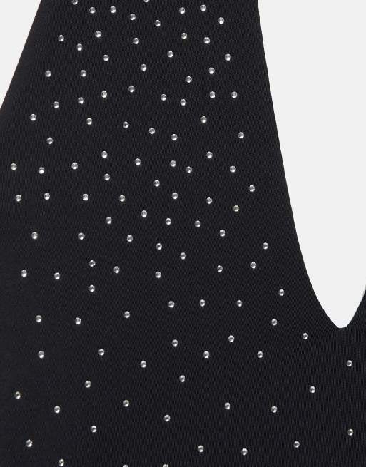 Pull&Bear Rhinestone halter bodysuit in black, 6 of 7