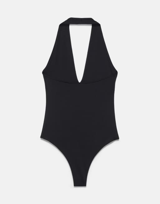 Pull&Bear Rhinestone halter bodysuit in black, 7 of 7
