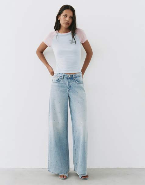 Pull&Bear Rhinestone wide-leg jeans in pale blue - view 1