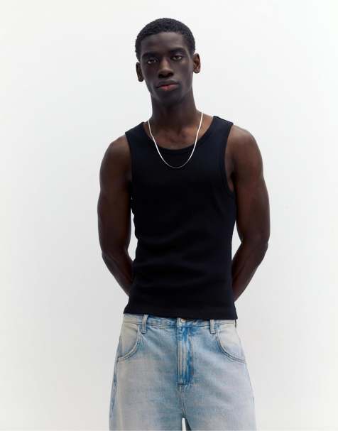 Pull&Bear rib vest top in black - view 1