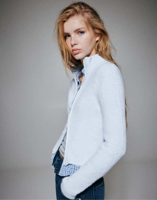 Pull&Bear ribbad kofta med dragkedja i pastellblå, 5 av 7