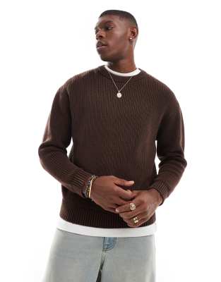 Pull & Bear Ribbed Acid Washed Sweater In Brown