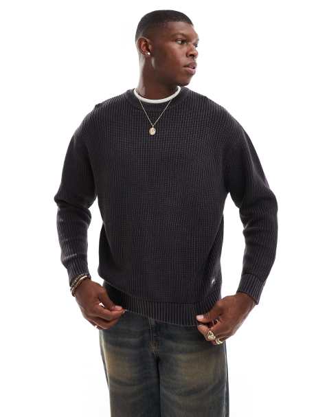 Pull&Bear ribbed acid washed sweater in charcoal gray - view 1