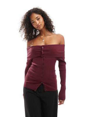 Pull&Bear ribbed bardot jumper with button detail in deep burgundy