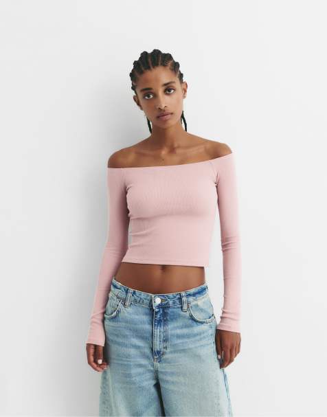 Pull&Bear Ribbed bardot top in dusty pink